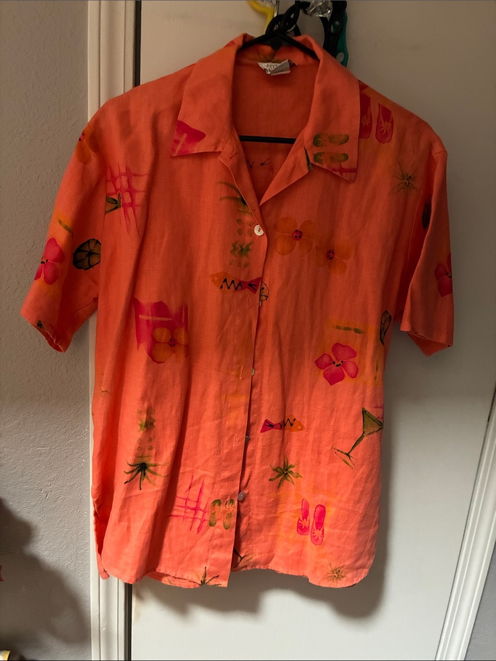 Women's Orange 100% Linen Button-Down Tropical Print Shirt